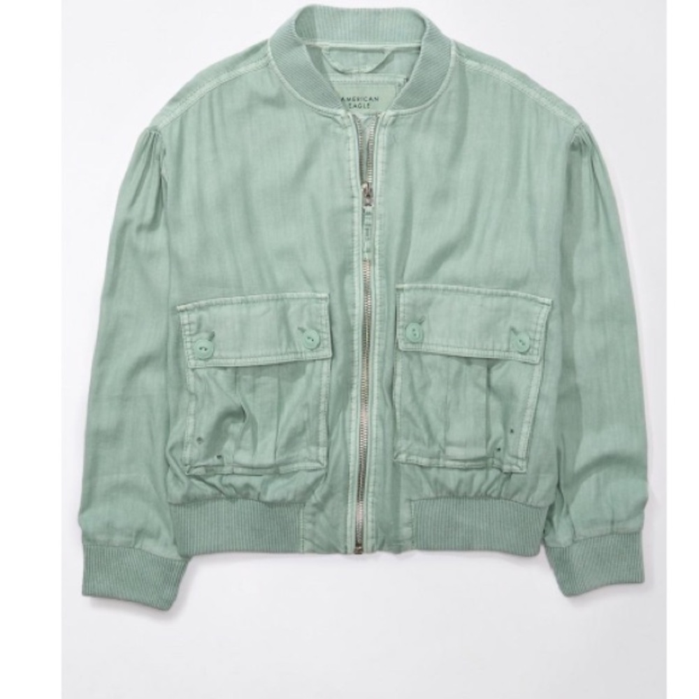 AE | Linen Blend Cropped Bomber Jacket | Light Green | XS